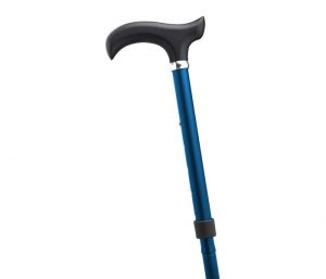 Photo of folding, adjustable walking stick in metallic matt blue