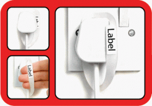 Image of three photographs showing the Unplugz around a UK plug, providing an easy-to-grip handle for removing plugs and labelling appliances