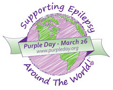 Logo for Purple Day - illustration of a purple and green globe, with a green ribbon wrapped around it