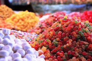 Image of piles of brightly coloured sweets/candy