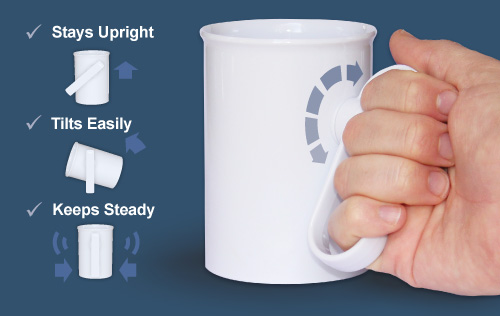 Infographic showing a hand holding the handSteady cup with information about how it works.