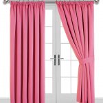 Image shows french doors with pink, pencil pleat curtains