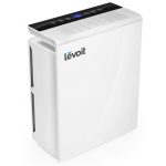 Image shows a photograph of a white air purifier by Levoit with a digital display on the top