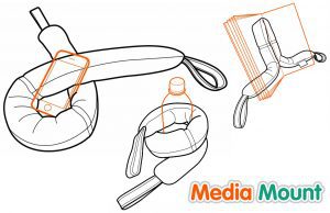 Image shows an illustration of the uses of the Trabasack Media Mount - holding a mobile phone, a book and a water bottle