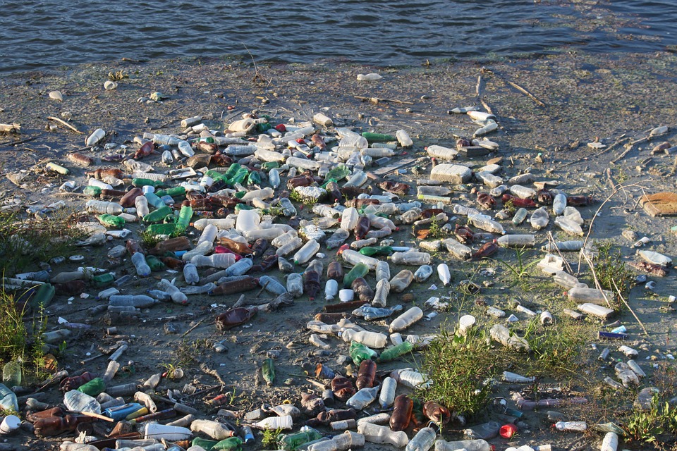 plastic waste including plastic straws and plastic bottles on a beach