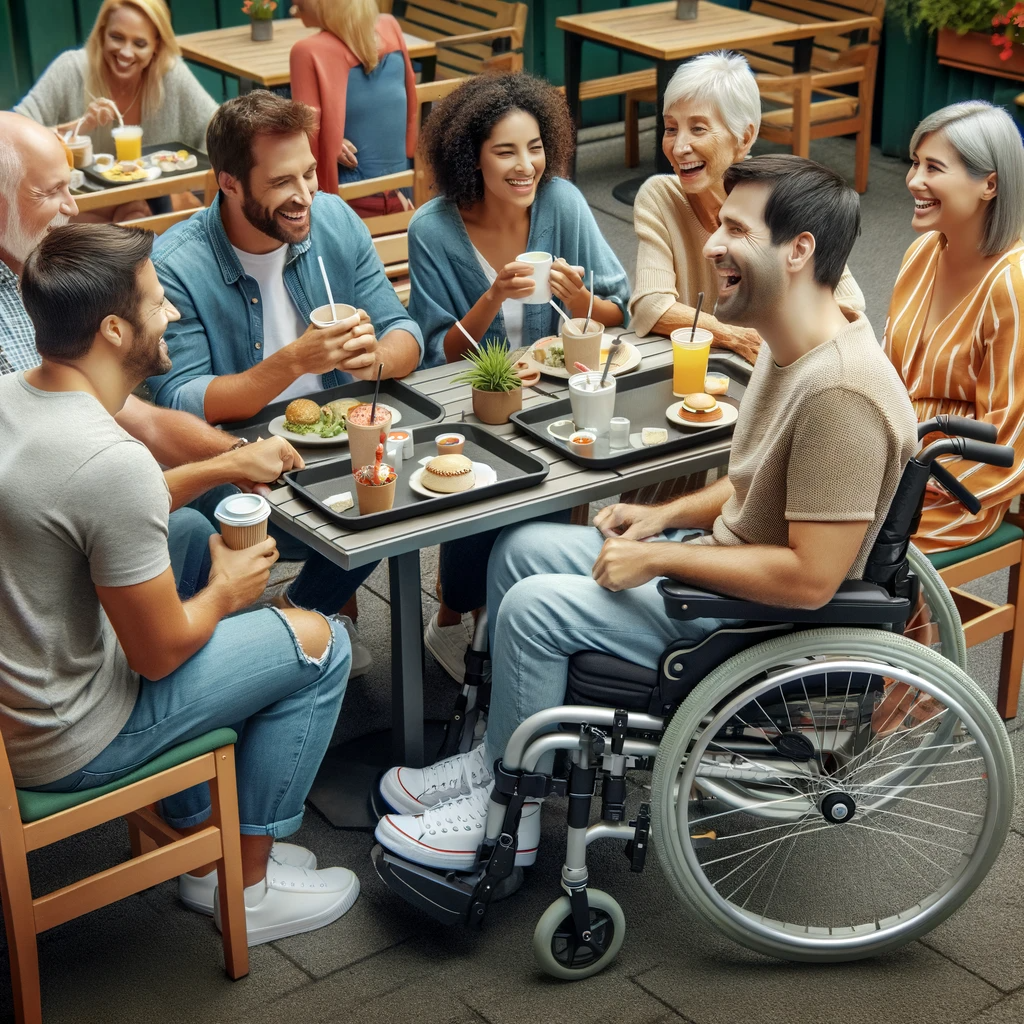  a diverse group of individuals, including people with disabilities, enjoying a social gathering around a table. 